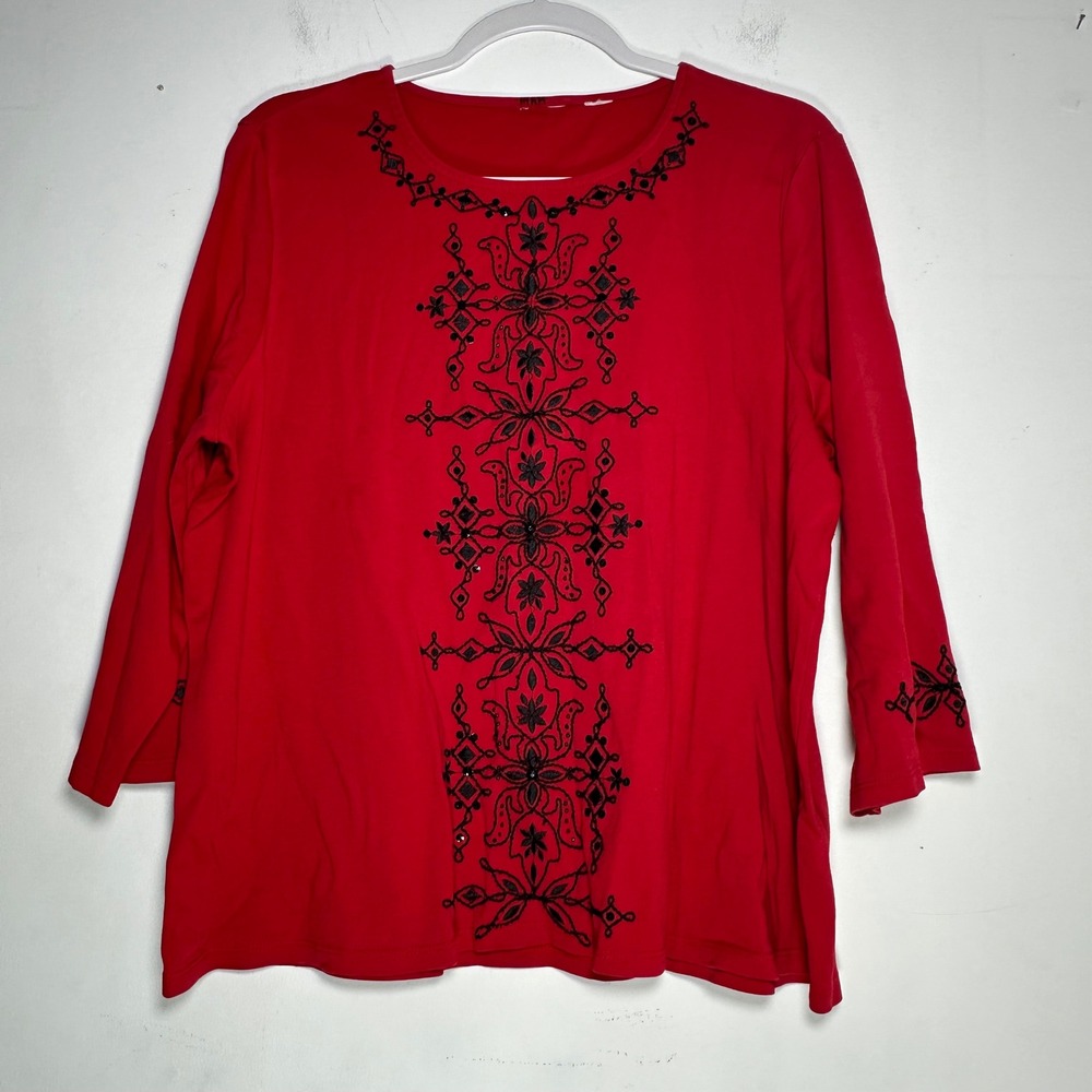Marisa Christina Red Embroidered Sequin 3/4 Sleeve Top‎ Plus Size Womens B17